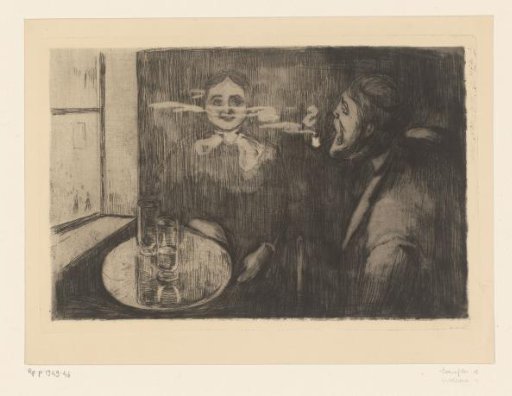 Woman and a man smoking a pipe at a table