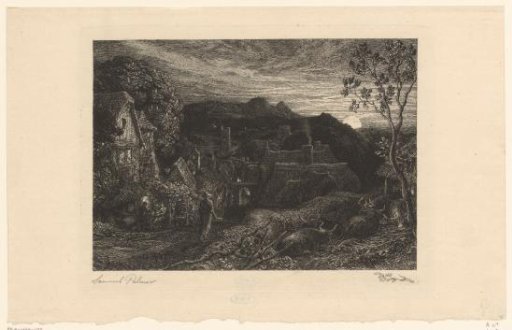Man ringing his bell in a village by moonlight