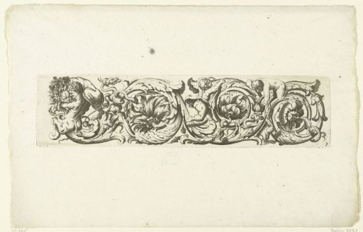 Foliate scroll with a satyr and a lion on the left