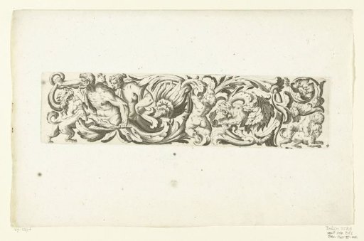 Foliate scroll with a man and a woman on the left