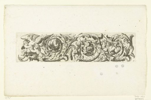 Foliate scroll with a winged woman between two children