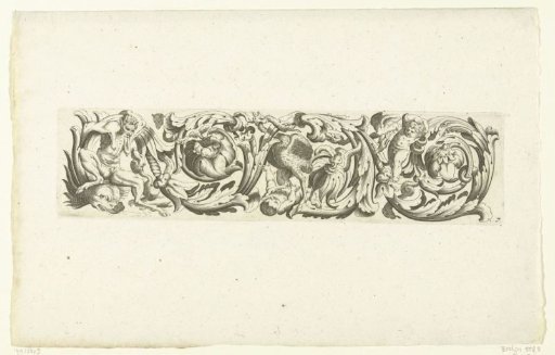 Foliate scroll with an old woman on a dolphin on the left