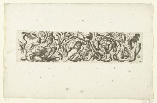 Foliate scroll with flowers and a dragon on the left