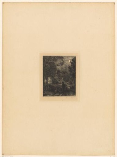 Man driving sheep towards an enclosed field near a farm