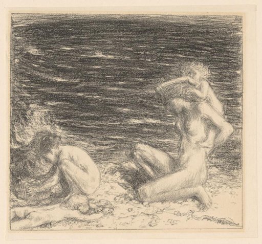 Naked Woman with Three Children on the Beach