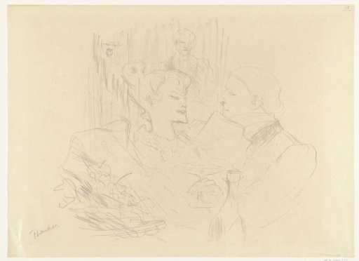 Portrait of artist Charles Conder at dinner with a woman in London