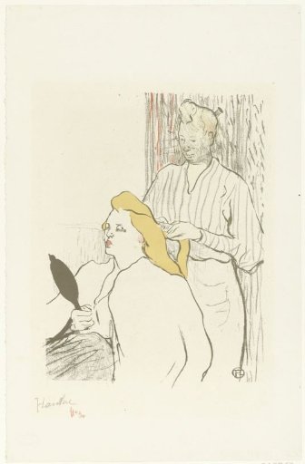 Hairdresser combing the hair of a seated woman with a mirror in hand
