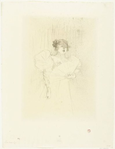 Portrait of actress Luce Myrès with fan