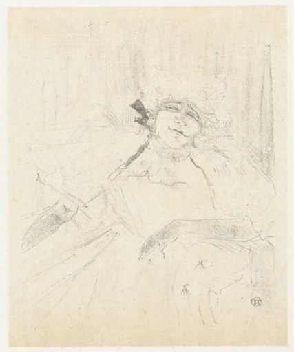 Portrait of Yvette Guilbert in armchair on stage
