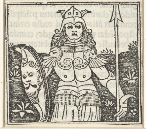 Woman in Armor with Spear and Coat of Arms