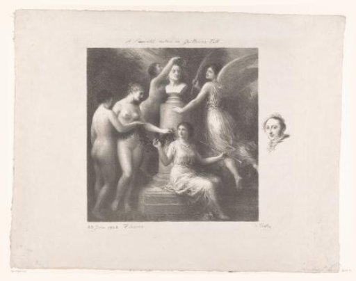 Women and angels crown a bust of Gioachino Rossini