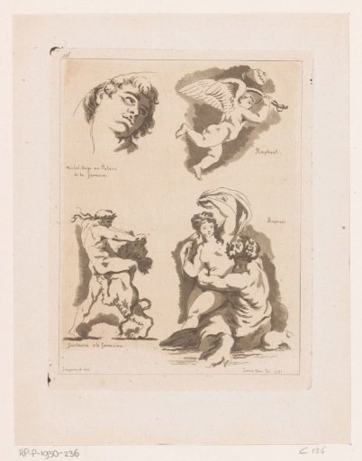Four Representations of a Man's Head, a Putto, a Man Fighting a Lion, and a Satyr Embracing a Nymph