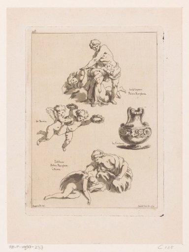 Four Representations of a Man Stabbing a Child with a Knife, Two Putti, a Vase, and a Woman by a Sleeping Angel
