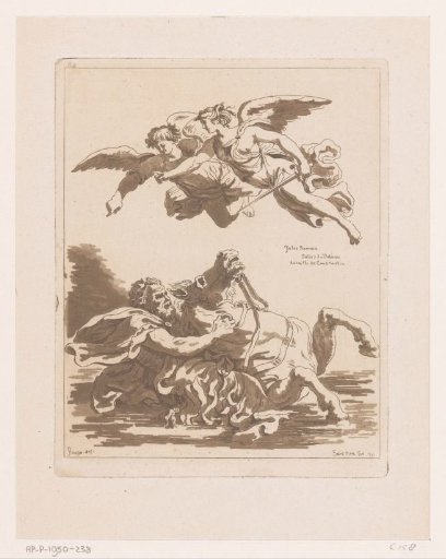 Man on a Rearing Horse in Water, Above Two Pointing Angels