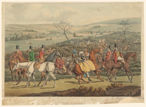 Group of riders hunting in a hilly landscape