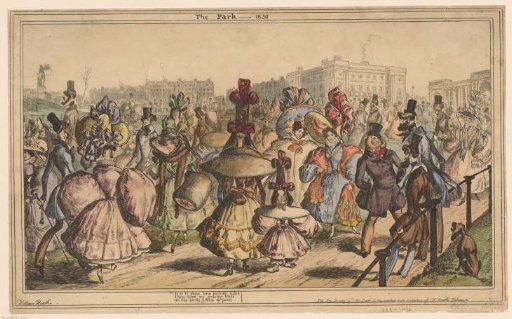 Men and women in striking attire walking in a park in a city