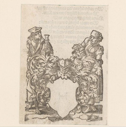 Empty coat of arms with a scholar with a glass and a woman with a bucket as supporters