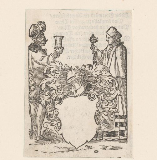 Empty coat of arms with a man with a cup and a woman with a flower as supporters
