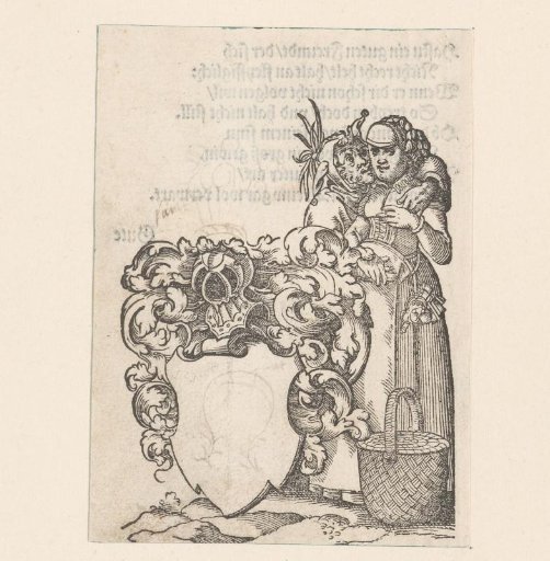 Empty coat of arms with a jester embracing a woman as supporters