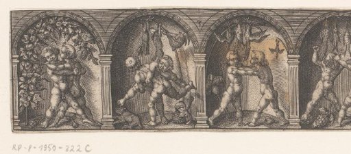 Wrestling putti with plants and dead animals