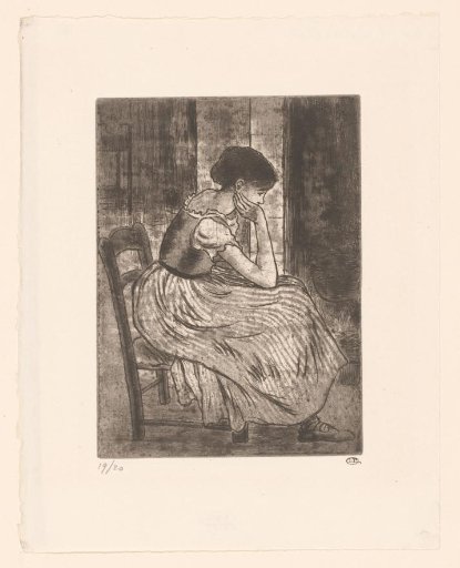 Young woman seated by a fireplace