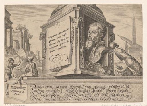 Portrait of Maarten van Heemskerck on the pedestal of a column