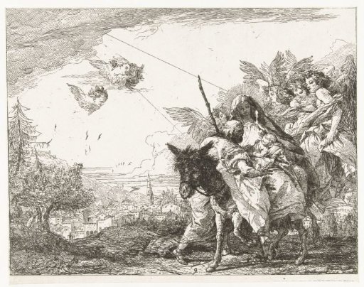 Mary with Child and Joseph in Adoration Surrounded by Angels During the Flight into Egypt