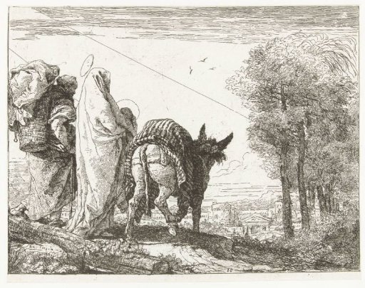 Mary with Child and Joseph Walking on Foot Beside a Donkey with a Basket on Their Back During the Flight into Egypt