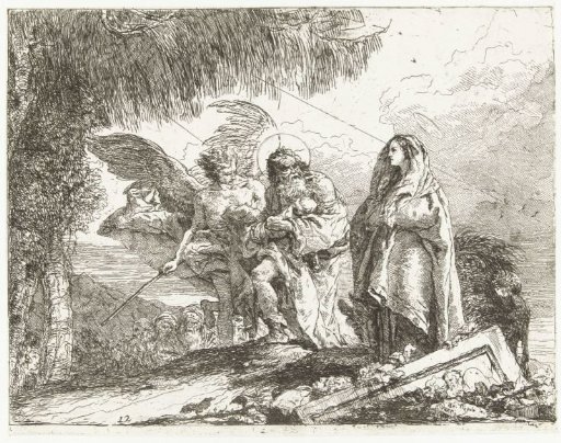 Joseph Carrying the Child in His Arms and Mary Walking with an Angel During the Flight into Egypt
