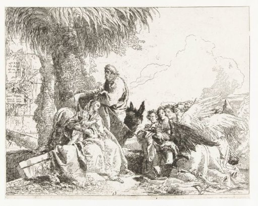 The Holy Family Resting During the Flight into Egypt and Angels Kneeling in Adoration with Gifts
