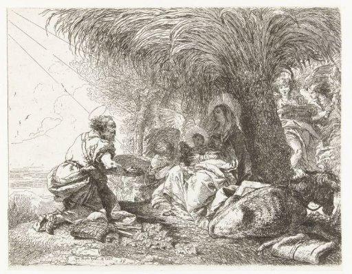 Mary and Child Sitting Under a Palm Tree and Joseph Kneeling in Adoration During the Flight into Egypt