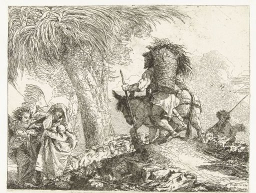 Mary with Child Supported by an Angel and Joseph Leading a Donkey Past a Shepherd with Sheep