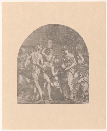 Woman gives a man a drink from a bucket, possibly Eliezer and Rebekah