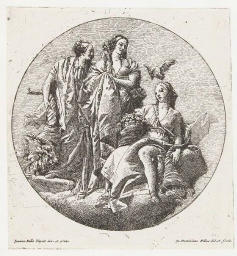 Three female personifications with horns of plenty and a statuette of Minerva