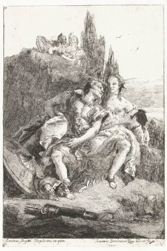 Rinaldo and Armida as lovers found by a lake by two knights