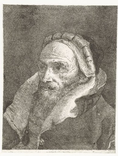 Man with high turned-up collar of cloak