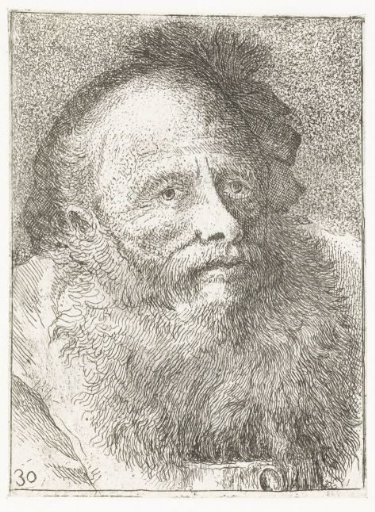 Man with beard and headgear with feather