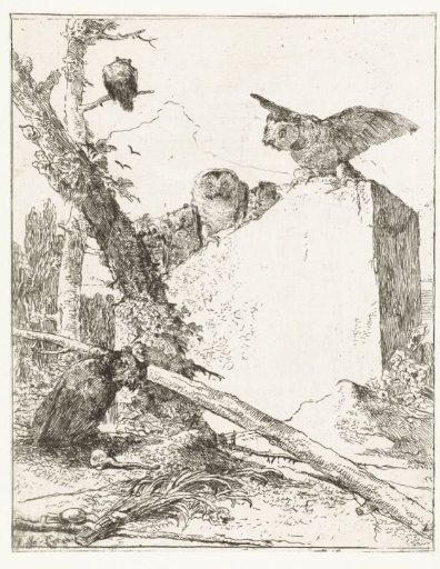 Title Page for Scherzi di fantasia with Owls near a Stone