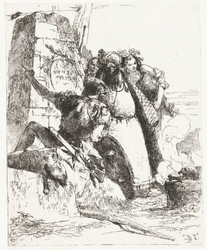 Soldier and Wizard and Other Figures Looking at a Burning Altar with Skull and Bone