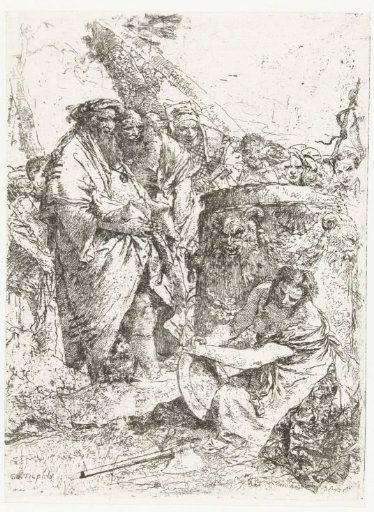Woman with Bowl Sitting before an Altar with Two Wizards and Other Figures