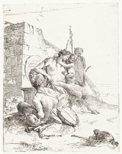 Satyr Family with Musical Instruments Sitting by a Monument