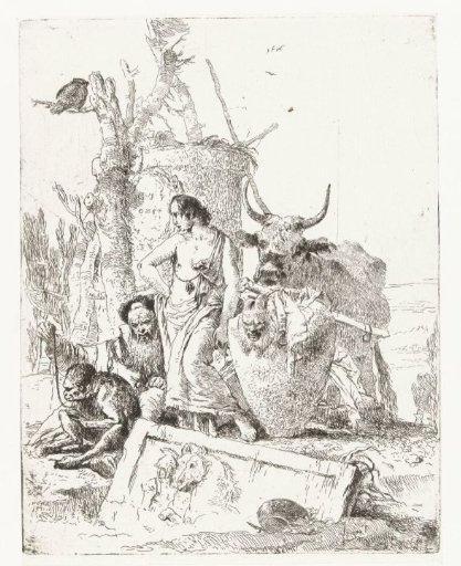 Sitting Magician with Monkey on a Leash and Standing Figure Next to a Cow