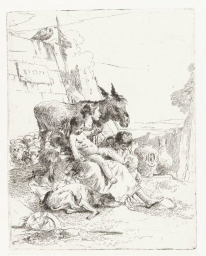 Mother with Two Children by a Donkey and Sheep