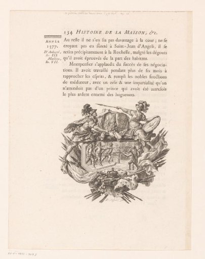 Allegorical representation with Minerva, coats of arms and battle scene in frieze