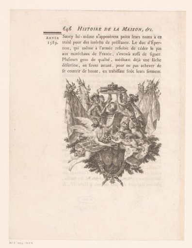 Allegorical representation with coat of arms and crown