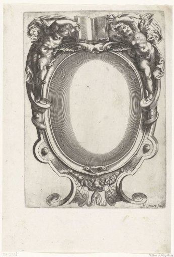 Cartouche with two putti holding a book