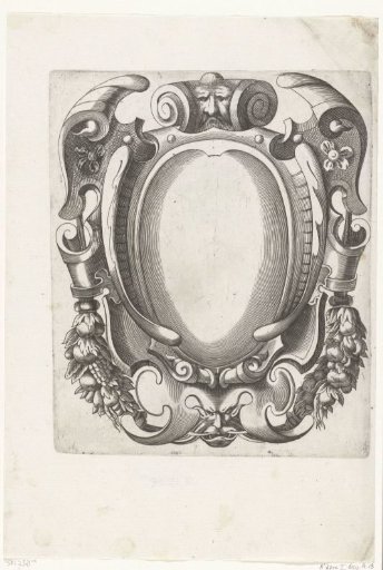 Cartouche with two masks on volutes