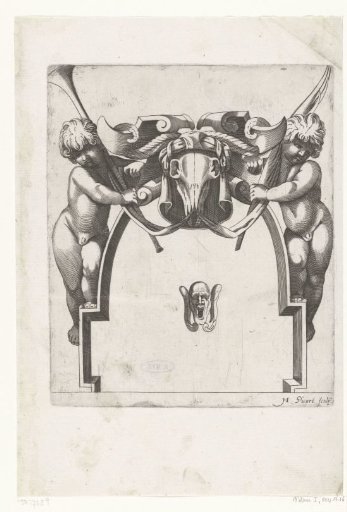 Doorpiece flanked by two children