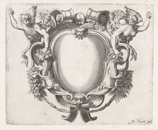 Cartouche with two upper bodies of winged women