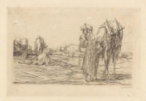 Camels with Driver in Front of a City